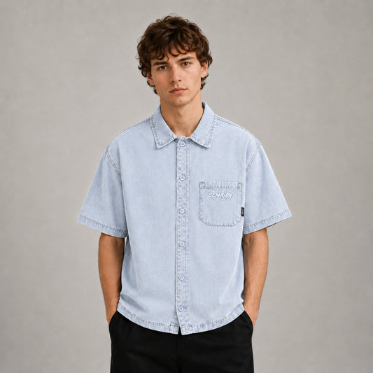 BEMAJOR Men Denim Short Sleeve Shirt | Drip Denim Collection