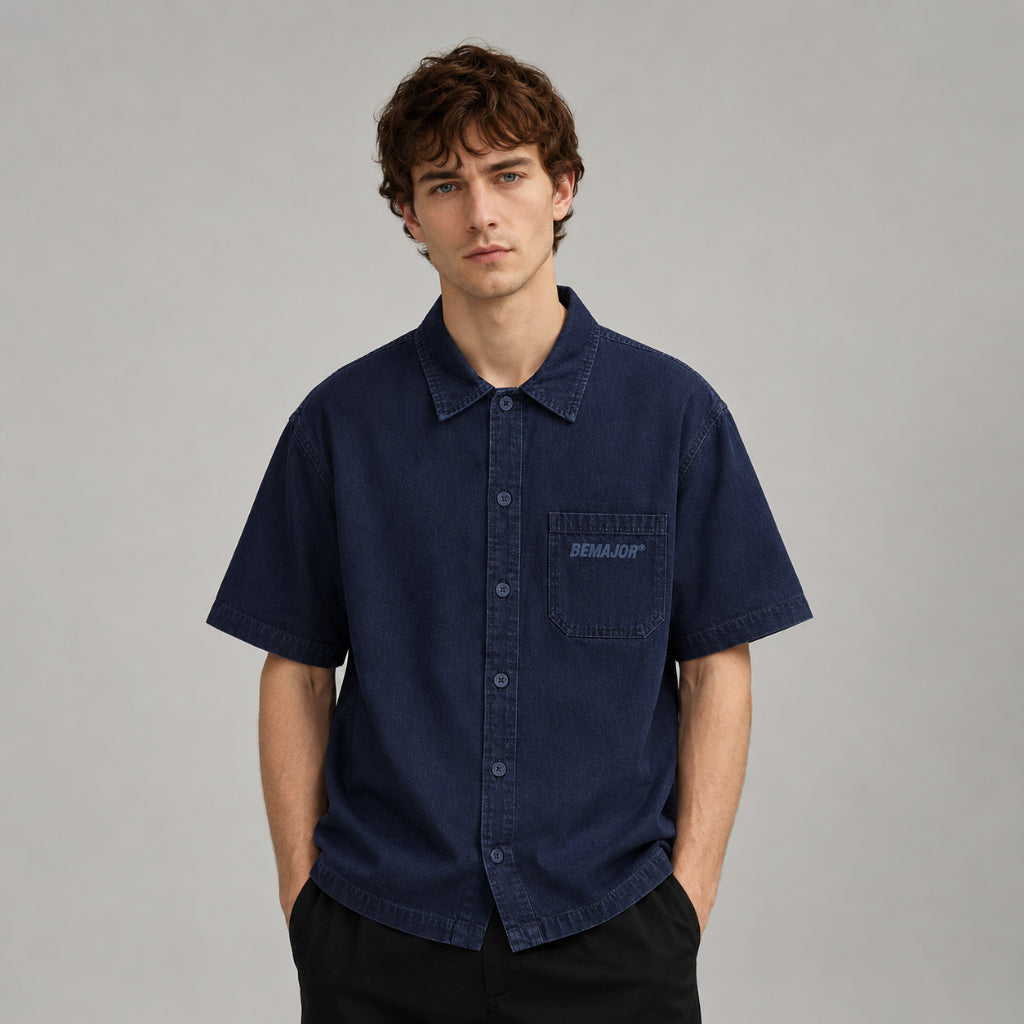 BEMAJOR Men Denim Short Sleeve Shirt | Drip Denim Collection